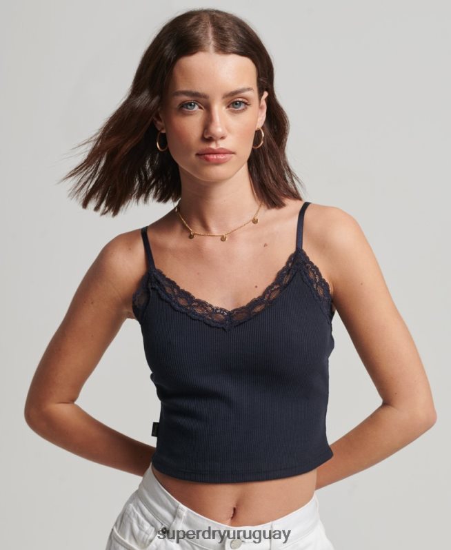 uy Superdry mujer top de tirantes con ribete de encaje acanalado Armada DT2N8Z1955 ropa