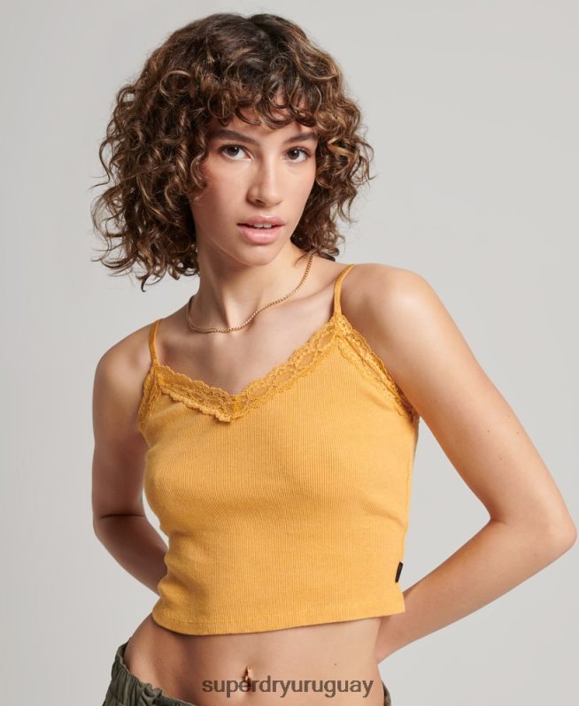 uy Superdry mujer top de tirantes con ribete de encaje acanalado amarillo DT2N8Z2350 ropa