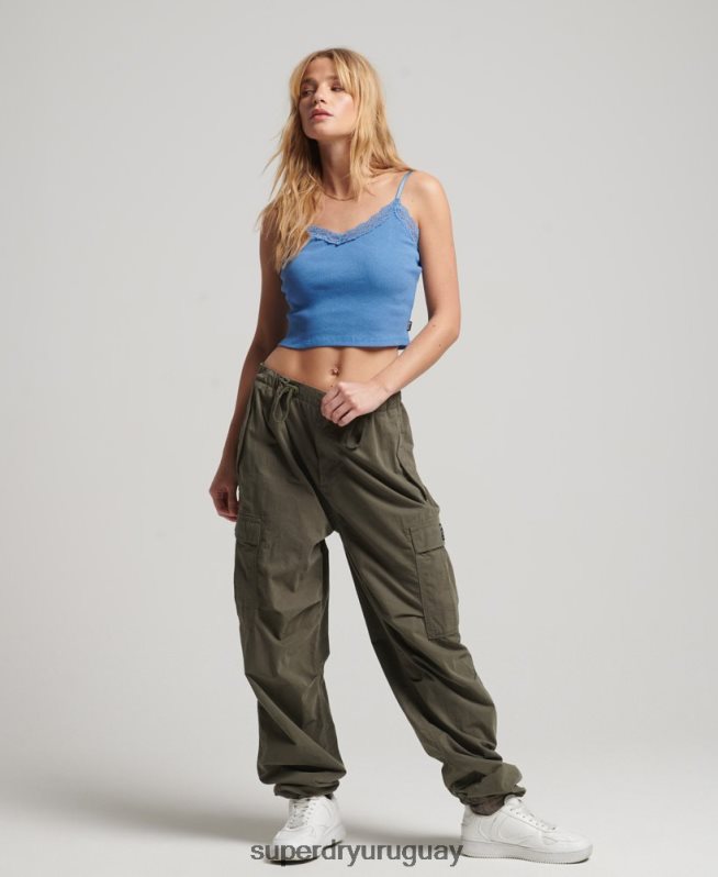 uy Superdry mujer top de tirantes con ribete de encaje acanalado azul DT2N8Z2327 ropa