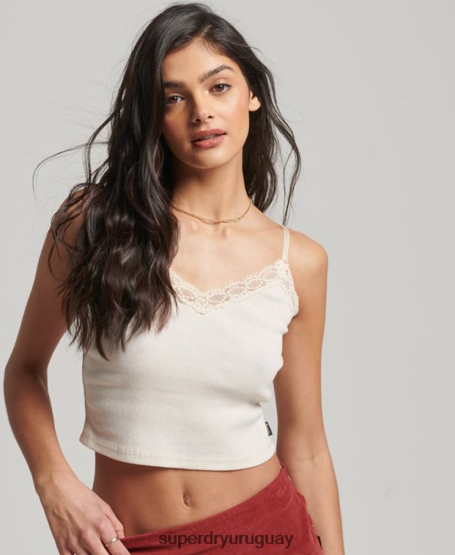 uy Superdry mujer top de tirantes con ribete de encaje acanalado beige DT2N8Z2340 ropa