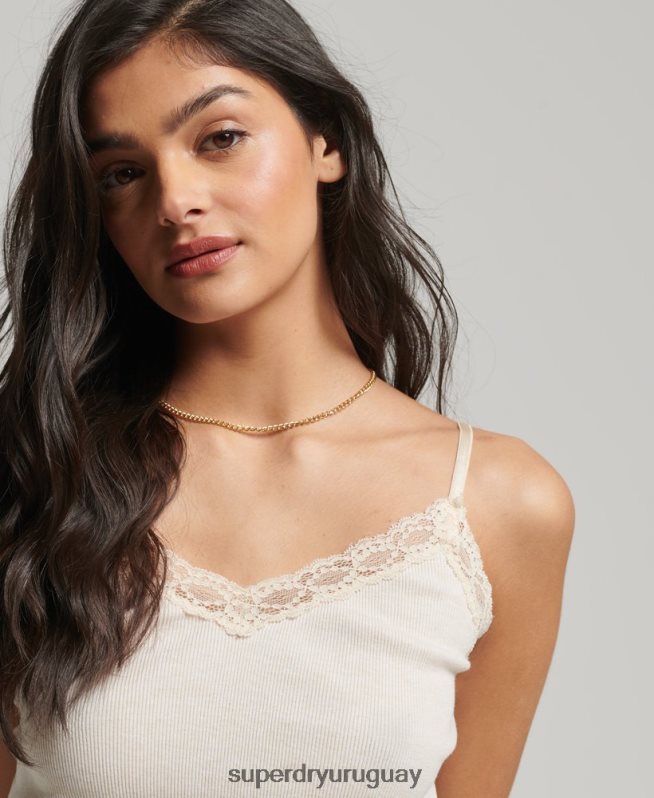 uy Superdry mujer top de tirantes con ribete de encaje acanalado beige DT2N8Z2340 ropa