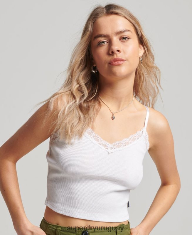 uy Superdry mujer top de tirantes con ribete de encaje acanalado blanco DT2N8Z1988 ropa
