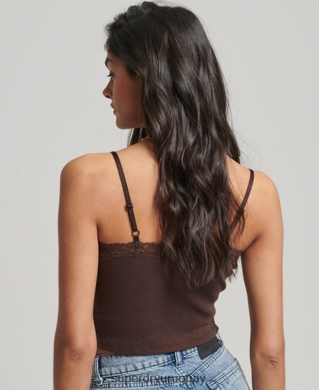 uy Superdry mujer top de tirantes con ribete de encaje acanalado marrón DT2N8Z2326 ropa