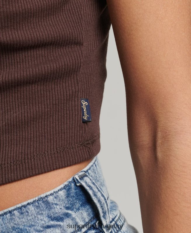uy Superdry mujer top de tirantes con ribete de encaje acanalado marrón DT2N8Z2326 ropa