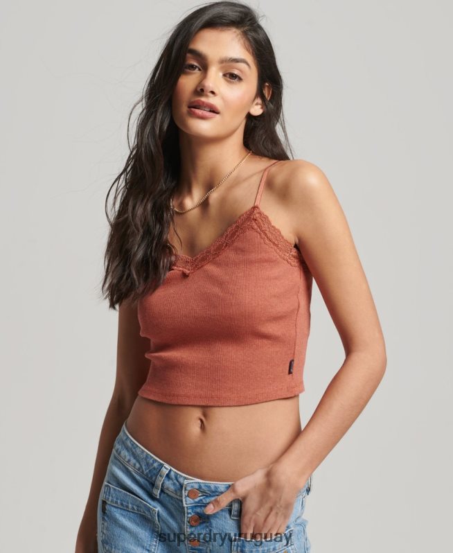 uy Superdry mujer top de tirantes con ribete de encaje acanalado naranja DT2N8Z1968 ropa
