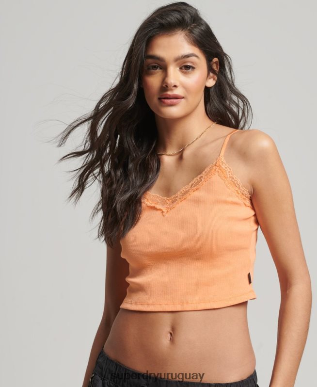 uy Superdry mujer top de tirantes con ribete de encaje acanalado naranja DT2N8Z2329 ropa