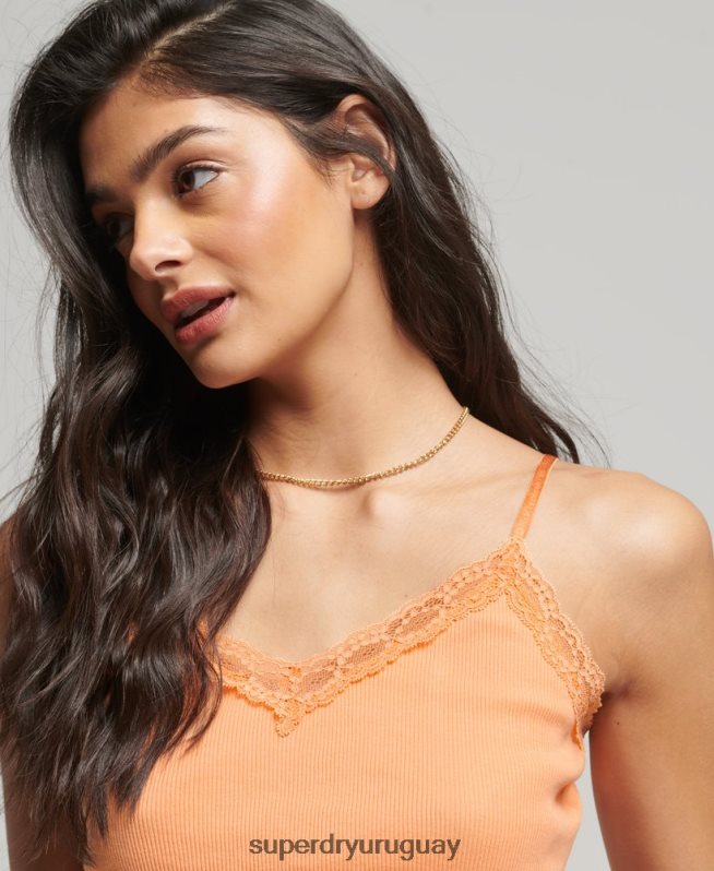 uy Superdry mujer top de tirantes con ribete de encaje acanalado naranja DT2N8Z2329 ropa