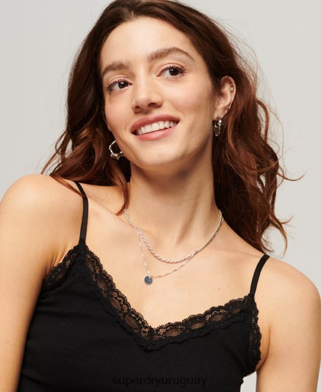 uy Superdry mujer top de tirantes con ribete de encaje acanalado negro DT2N8Z2098 ropa