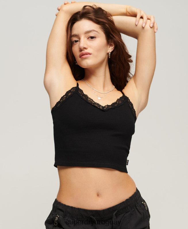 uy Superdry mujer top de tirantes con ribete de encaje acanalado negro DT2N8Z2098 ropa