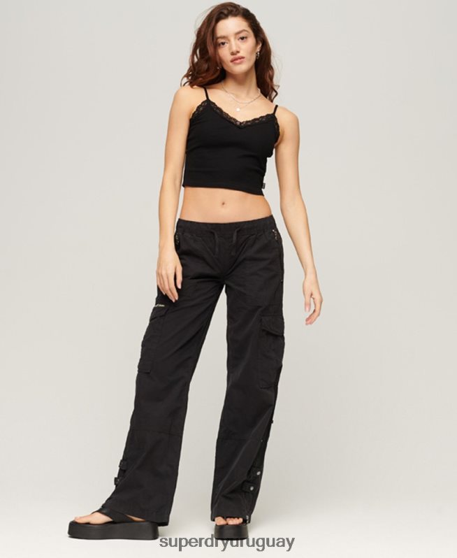 uy Superdry mujer top de tirantes con ribete de encaje acanalado negro DT2N8Z2098 ropa