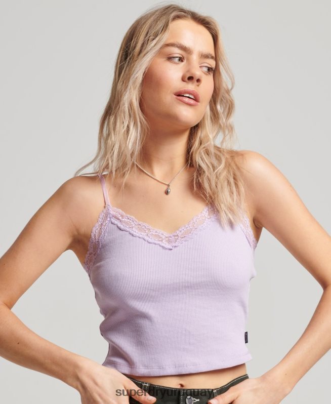 uy Superdry mujer top de tirantes con ribete de encaje acanalado púrpura DT2N8Z2337 ropa
