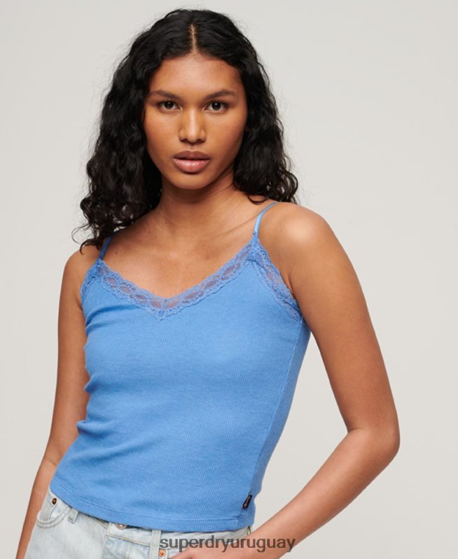 uy Superdry mujer top de tirantes de algodón orgánico con encaje de canalé esencial azul DT2N8Z2352 ropa