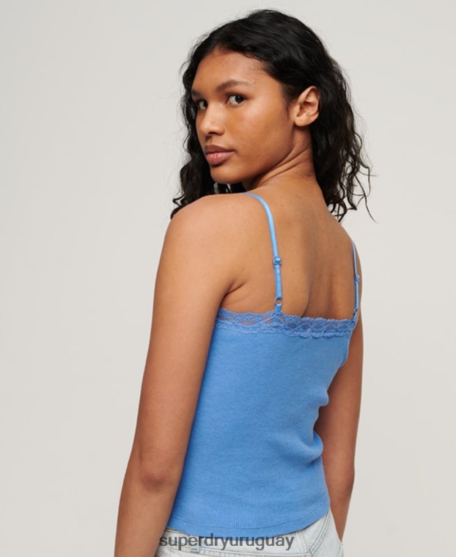 uy Superdry mujer top de tirantes de algodón orgánico con encaje de canalé esencial azul DT2N8Z2352 ropa