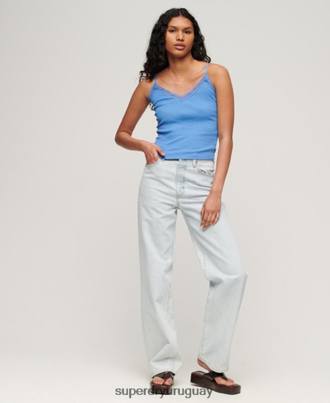 uy Superdry mujer top de tirantes de algodón orgánico con encaje de canalé esencial azul DT2N8Z2352 ropa