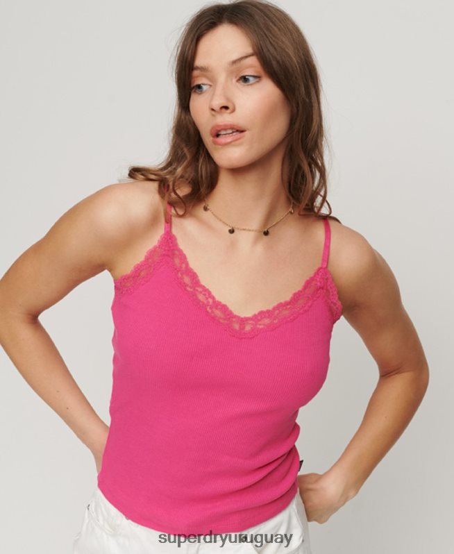 uy Superdry mujer top de tirantes de algodón orgánico con encaje de canalé esencial rosa DT2N8Z1976 ropa