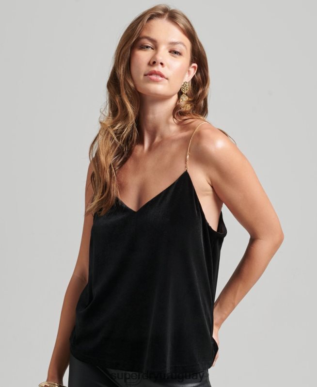 uy Superdry mujer top de tirantes de terciopelo con cadena negro DT2N8Z3036 ropa