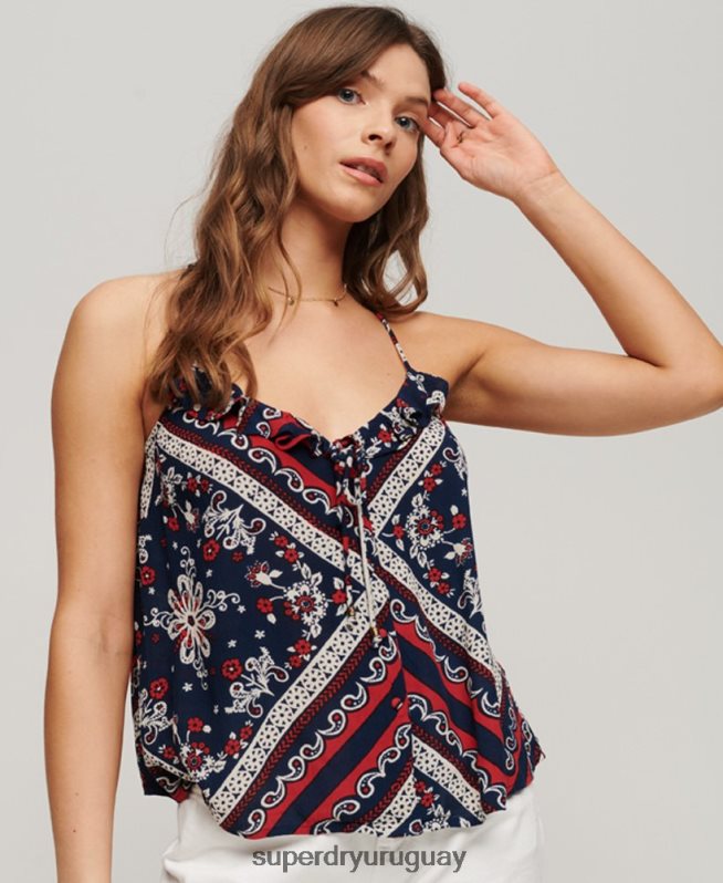 uy Superdry mujer top de tirantes estampado con volantes azul DT2N8Z2111 ropa