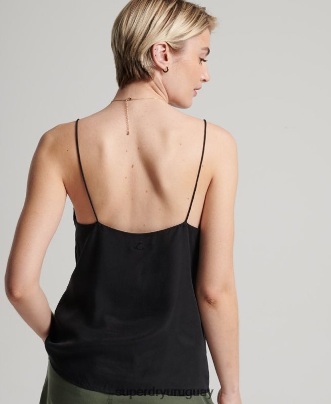 uy Superdry mujer top de tiras de cupro negro DT2N8Z3046 ropa