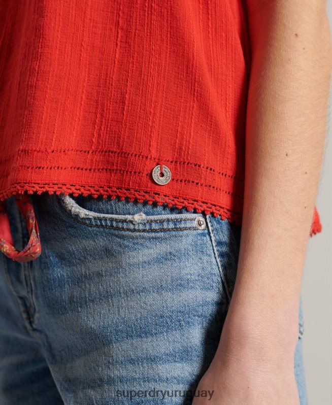 uy Superdry mujer top layne de encaje texturizado rojo DT2N8Z3056 ropa