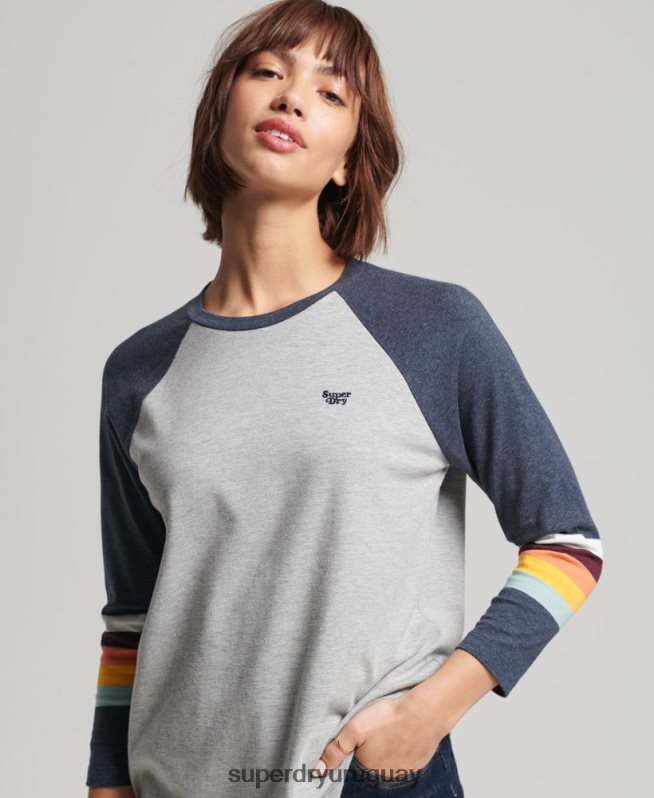 uy Superdry mujer top raglán vintage con rayas cali gris claro DT2N8Z3072 ropa