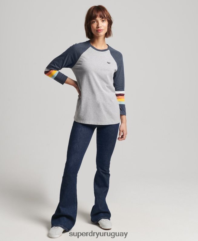 uy Superdry mujer top raglán vintage con rayas cali gris claro DT2N8Z3072 ropa
