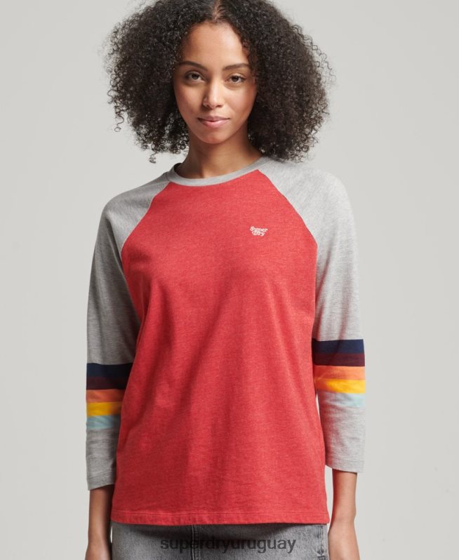 uy Superdry mujer top raglán vintage con rayas cali rojo DT2N8Z3047 ropa