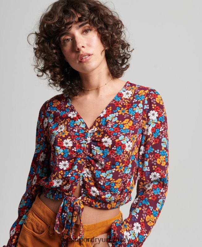 uy Superdry mujer top vintage con lazo en la parte delantera marrón DT2N8Z2956 ropa