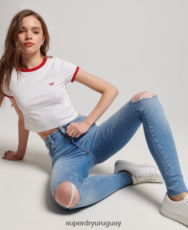 uy Superdry mujer vaqueros pitillo de tiro alto de algodón orgánico azul claro DT2N8Z3878 ropa