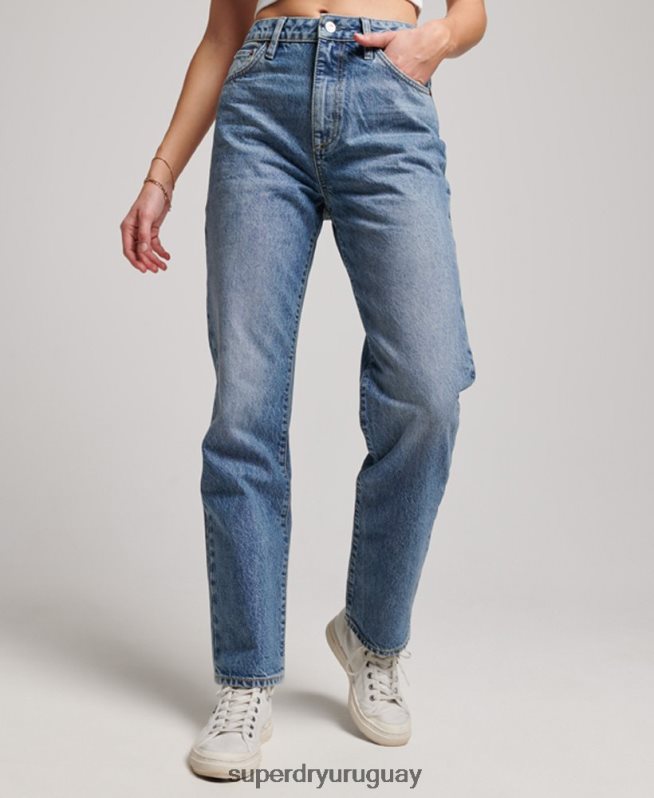 uy Superdry mujer vaqueros rectos de tiro alto de algodón orgánico azul claro DT2N8Z3869 ropa