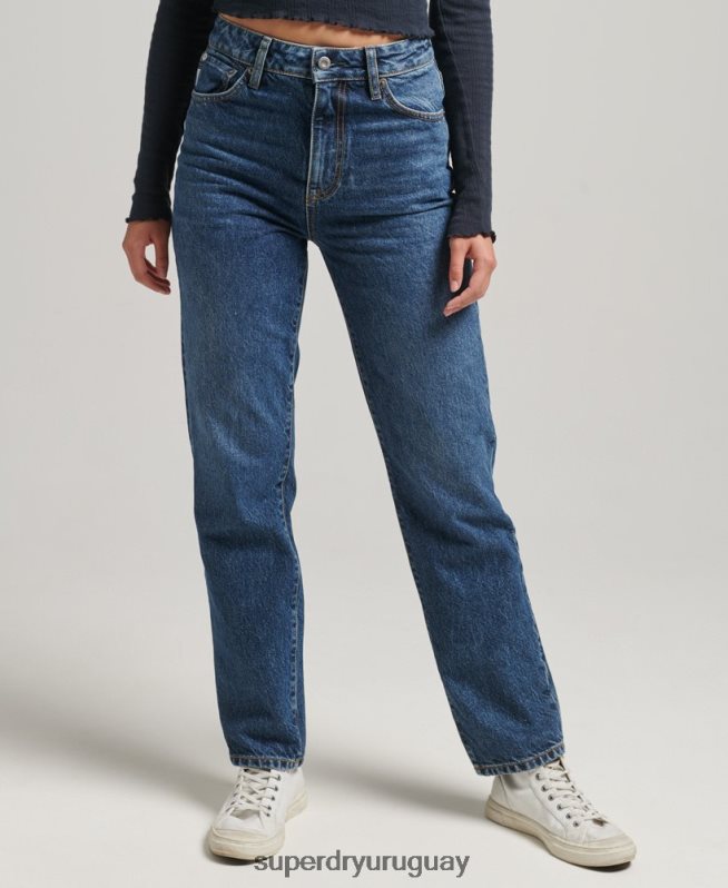 uy Superdry mujer vaqueros rectos de tiro alto de algodón orgánico azul oscuro DT2N8Z3892 ropa
