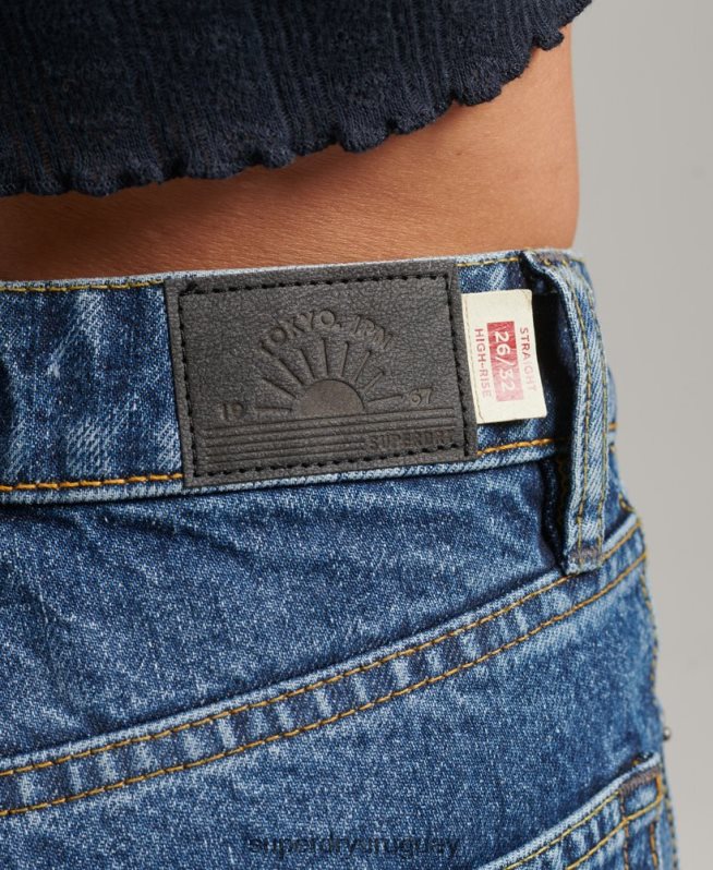 uy Superdry mujer vaqueros rectos de tiro alto de algodón orgánico azul oscuro DT2N8Z3892 ropa