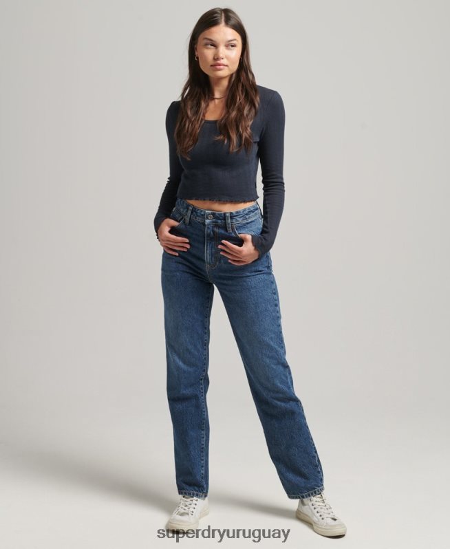 uy Superdry mujer vaqueros rectos de tiro alto de algodón orgánico azul oscuro DT2N8Z3892 ropa