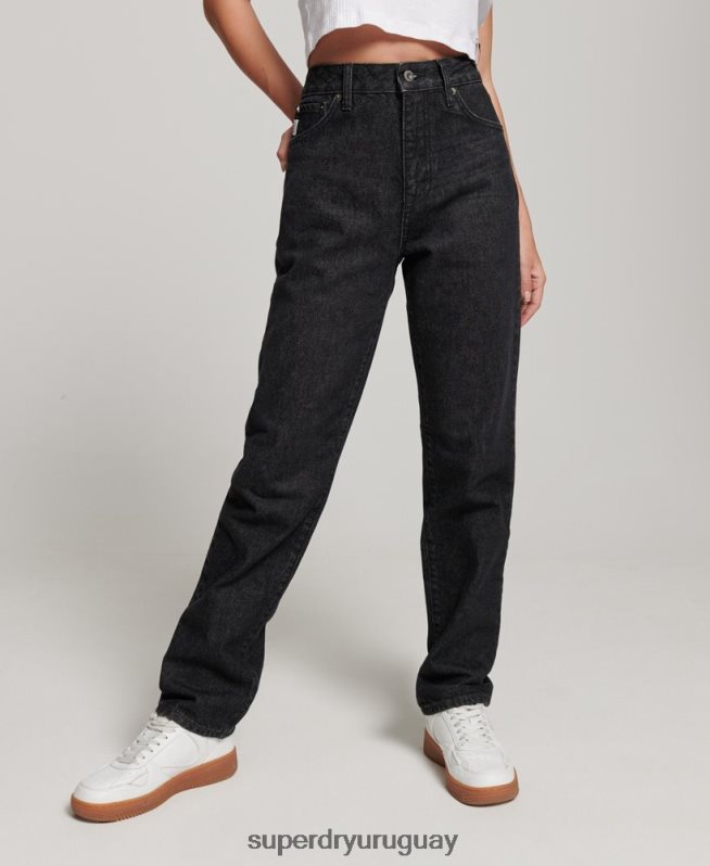 uy Superdry mujer vaqueros rectos de tiro alto de algodón orgánico negro DT2N8Z3864 ropa