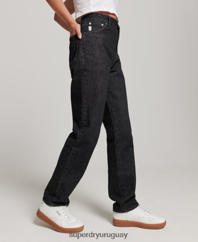 uy Superdry mujer vaqueros rectos de tiro alto de algodón orgánico negro DT2N8Z3864 ropa