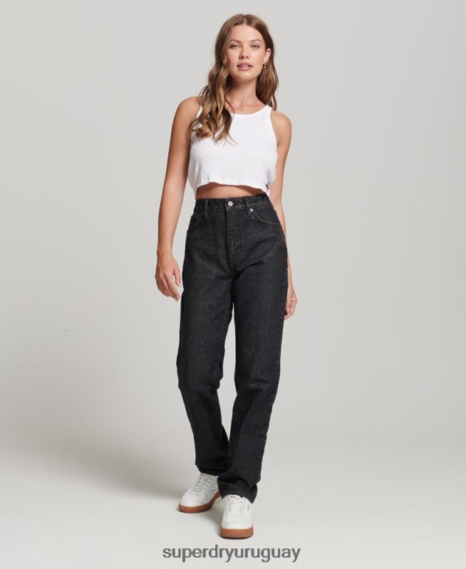 uy Superdry mujer vaqueros rectos de tiro alto de algodón orgánico negro DT2N8Z3864 ropa