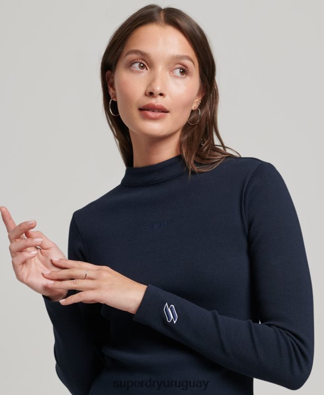 uy Superdry mujer mini vestido ajustado de canalé de manga larga Armada DT2N8Z6534 ropa