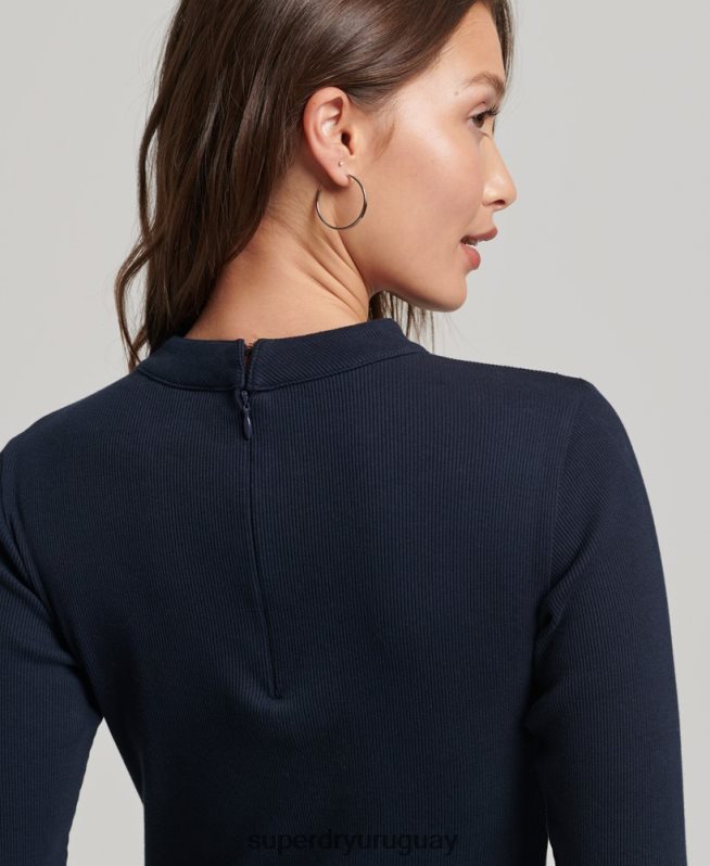 uy Superdry mujer mini vestido ajustado de canalé de manga larga Armada DT2N8Z6534 ropa