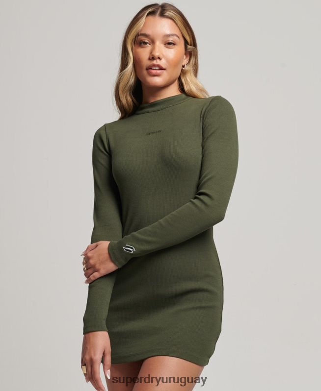 uy Superdry mujer mini vestido ajustado de canalé de manga larga caqui DT2N8Z6666 ropa
