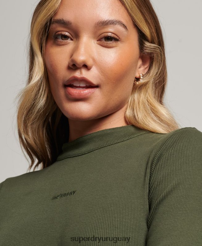 uy Superdry mujer mini vestido ajustado de canalé de manga larga caqui DT2N8Z6666 ropa
