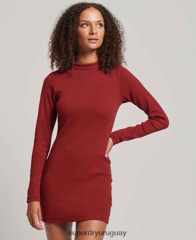 uy Superdry mujer mini vestido ajustado de canalé de manga larga rojo DT2N8Z6603 ropa
