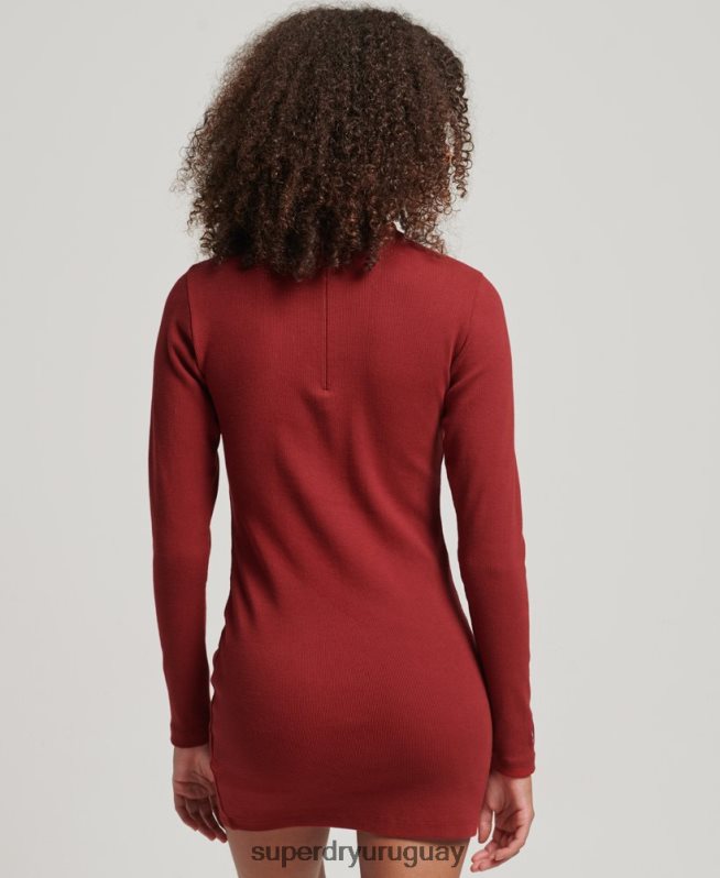 uy Superdry mujer mini vestido ajustado de canalé de manga larga rojo DT2N8Z6603 ropa