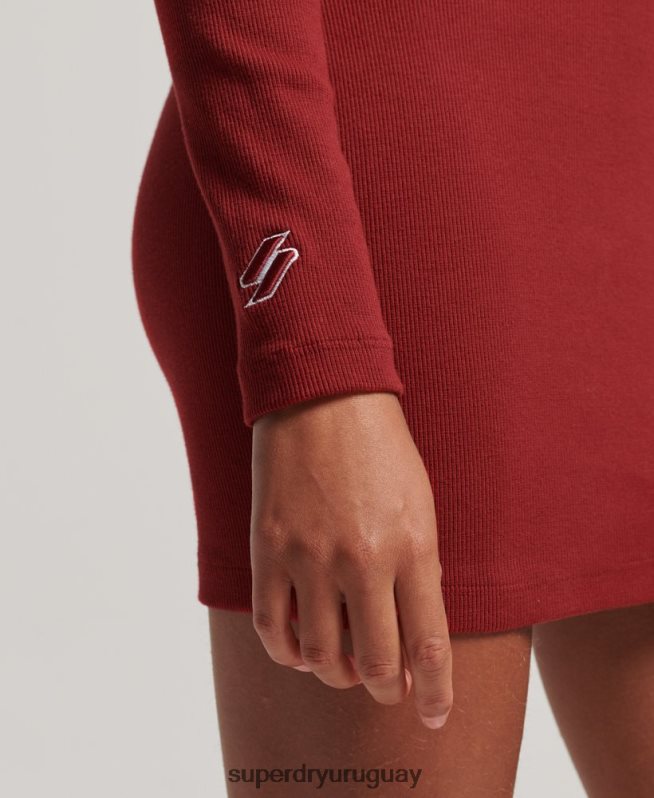 uy Superdry mujer mini vestido ajustado de canalé de manga larga rojo DT2N8Z6603 ropa