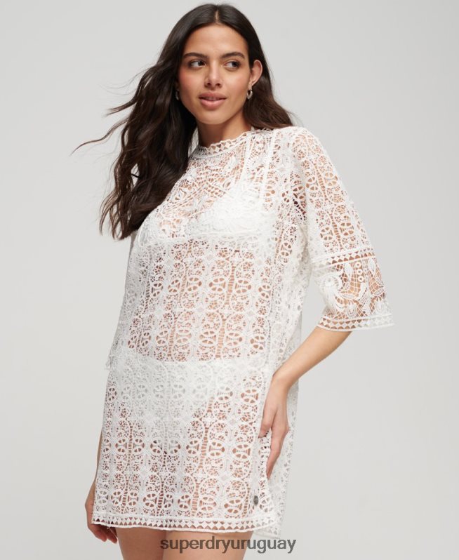 uy Superdry mujer mini vestido de encaje para cubrir la playa crema DT2N8Z1994 ropa