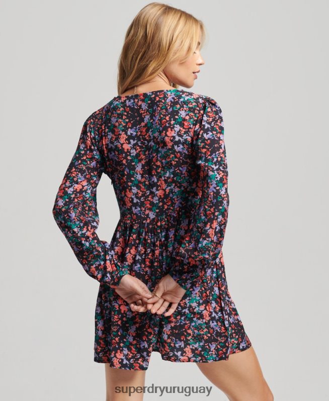 uy Superdry mujer mini vestido de manga larga de la vendimia púrpura DT2N8Z6517 ropa
