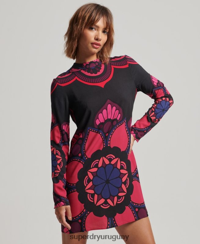 uy Superdry mujer mini vestido estampado de manga larga negro DT2N8Z2480 ropa