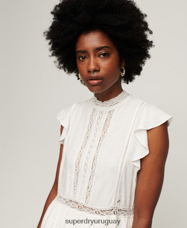 uy Superdry mujer vestido con mezcla de encaje de studios blanco DT2N8Z2368 ropa