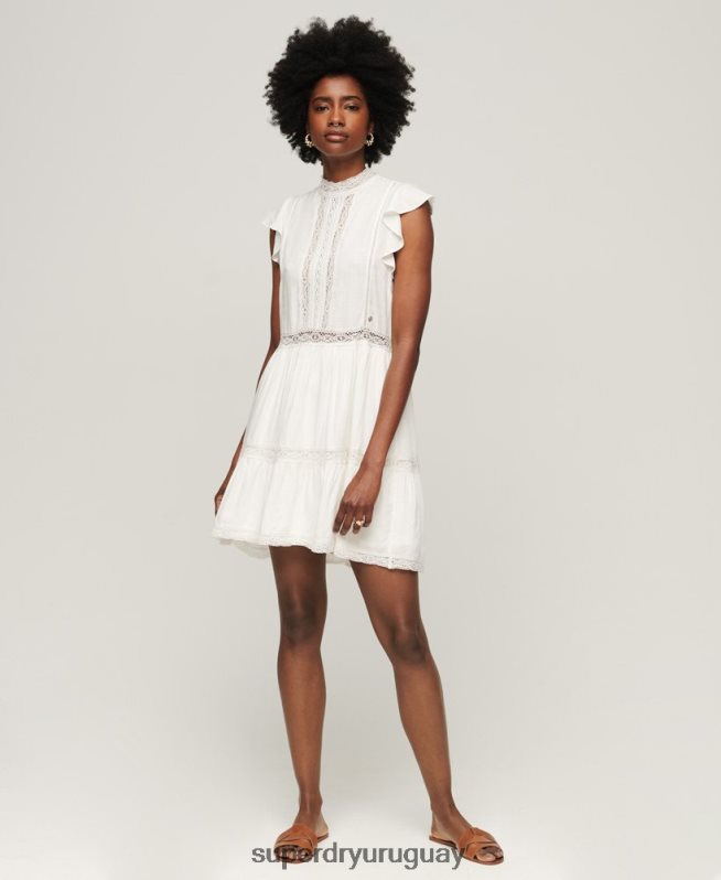 uy Superdry mujer vestido con mezcla de encaje de studios blanco DT2N8Z2368 ropa