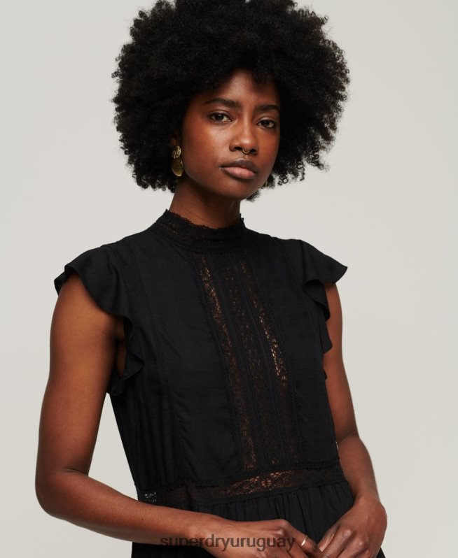 uy Superdry mujer vestido con mezcla de encaje de studios negro DT2N8Z2392 ropa