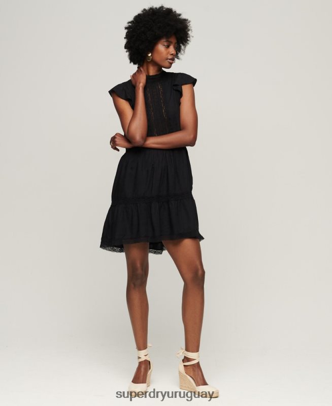 uy Superdry mujer vestido con mezcla de encaje de studios negro DT2N8Z2392 ropa