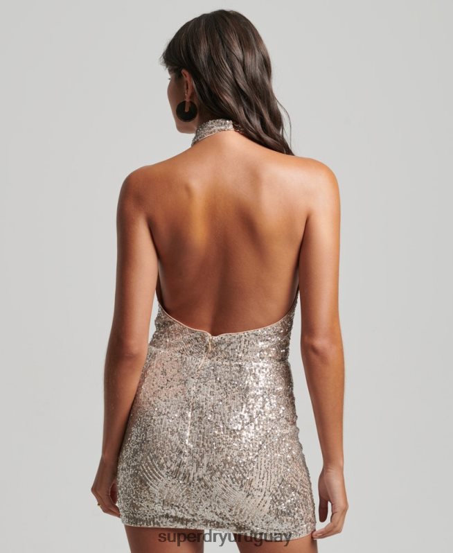 uy Superdry mujer vestido corto con cuello desbocado y lentejuelas plata DT2N8Z2485 ropa